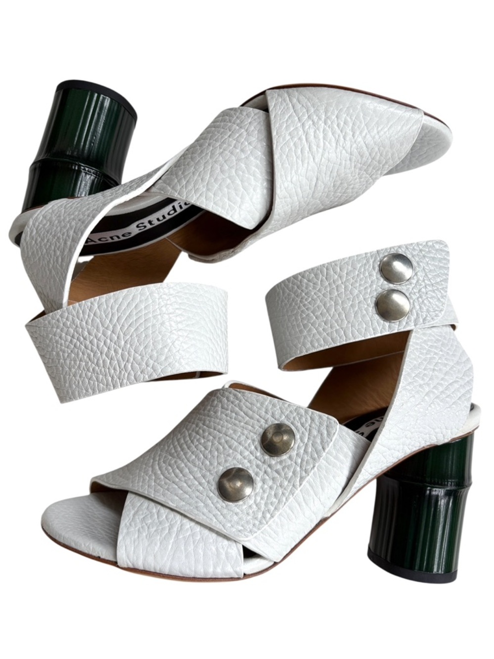 Like New Acne Studios Leather Pica Bamboo Heel Ankle Wrap Sandals White Size 5